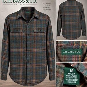 G.H. Bass & Co Plaid Flannel Shirt Green Brown Cotton Blend Medium